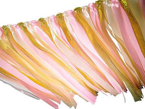 Kingsnow Fabric Garland Backdrop, Pink, White and Glitter Gold Ribbon Bunting Fabric Garland Banner for First Birthday Decoration, Cake Table Rustic Wedding, Party Decor, Nursery Room Wall Decoration