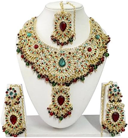Indian Bollywood Jewelry Set Ethnic Gold plated Necklace set with Earrings and Maang Tikka JS9007 Maroon-Green