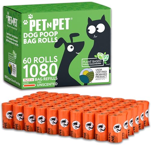 PET N PET 1080 Count Poo Bags Dogs USDA Certified 41% Plant based 72 Thick Dog Poop Bags Rolls 9x13 Leak-Proof Orange Unscented