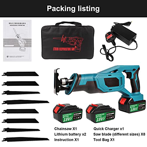 21V Akku-Säbelsäge Säbelsäge Säbelsäge mit 8 Sägeblättern, 2 Li-Ionen-Akkus, Ladegerät mit UK-Stecker, Werkzeugtasche – Bild 5