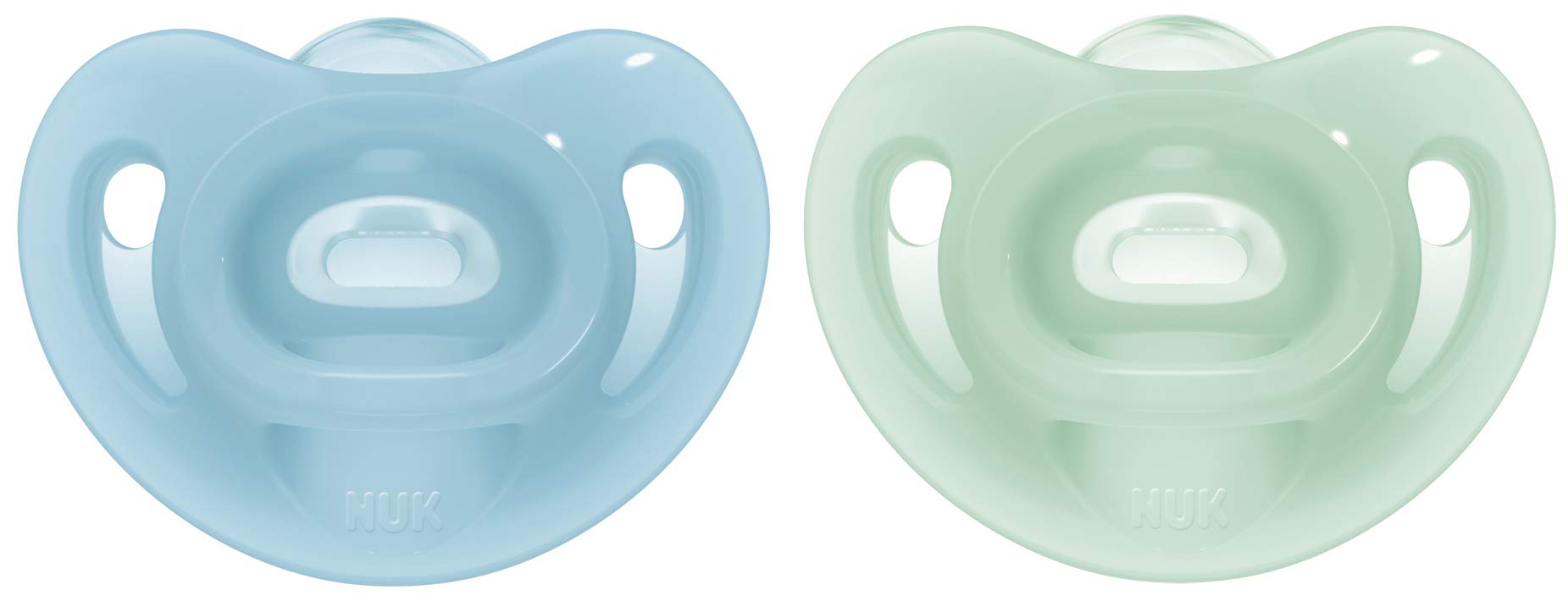 NUK Sensitive Dummy, 6-18 Months, 100% Silicone for Delicate Skin, BPA-Free, Blue & Green, Pack of 2