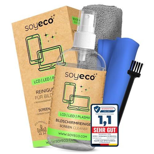 Soyeco Eco Reinigungsset - Bildschirmreiniger 250Ml + 2 Mikrofasertücher + Tastaturpinsel - Für Eine Umfassende Gerätepflege - Geeignet Für Alle Handy, Laptop &Amp; Displays Sowie Tastatur, Pc, Ps5 Uvm.
