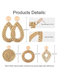 Yaomiao - 4 pares de pendientes de ratán tejidos a mano, diseño geométrico