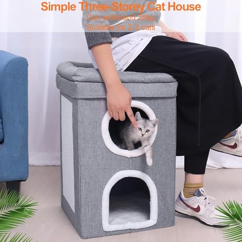Nyganmelloz Foldable Cat House,2-Storey Indoor Large Cats Cave Kitten Beds Covered Bed Furniture Tree with Scratch Pad Hideaway Cave, Kitty Tunnel Sleeping Cute Modern Cat Condo Stool Play