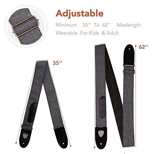 Vintage Tweed Guitar Strap Soft Cotton Genuine Leather Ends Strap with Pick Pocket, 3 Picks Included for Acoustic Guitar, Electric Guitar, Bass, Banjos (Grey/Black)