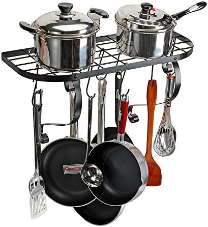Kitchen Wall Pot Pan Rack, Wekine Kitchen Cookware Square Grid Iron Pot Hanger, Pot Pan Storage Organizer Includes 15 Hooks ,Bookshelf Rack, Black