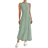 Wenrine Womens Tank Maxi Dress Sleeveless Crew Neck Knit Ribbed Summer Contrast Stitch Dresses