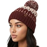 Funky Junque Women’s Knit Pom Beanie – Cozy Womens Winter Hat, Apres Ski Cold Weather Beanies with Geometric and Cross Design