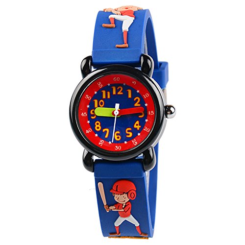Venhoo Kids Watches Cartoon Waterproof Silicone Children Wristwatches Time Teacher Gifts for Boys Girls (Baseball Blue)