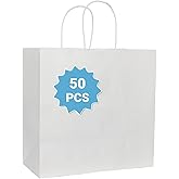 COGLARING 50Pcs White Gift Bags with Handles - 11x5.9x11 Inch Kraft Paper Bag Bulk for Weddings, Parties, Retail & Gift Wrapping - White Paper Bags