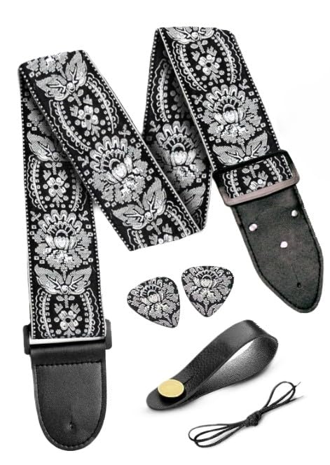 Guitar Strap Cotton Rose Flower W/ BONUS [2021 NEW] 2 Picks + Strap Locks + Strap Button. For Bass, Electric & Acoustic Guitars Stocking Stuffer. Awesome Christmas Gift for Men & Women Guitarists