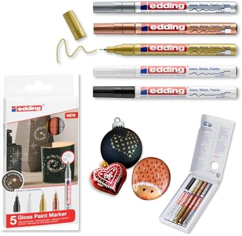 Marcador de tinta opaca brilhante 780 - preto, branco, ouro, prata, cobre (metálico) - 5 marcadores - ponta extra fina 0,8 mm - para vidro, pedras, madeira, plástico, papel - cor permanente