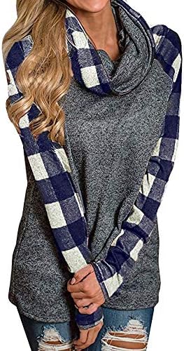 Womens Turtleneck Cowl Neck Tops Plaid Patchwork Shirts Oversized Tunic Long Sleeve Pullover