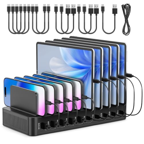 HISUEKIG USB Charging Dock, 10 Ports 15 W Charging Station with 10 Cables, Phone Charger Stand, Portable Phone Charging Station (Black)