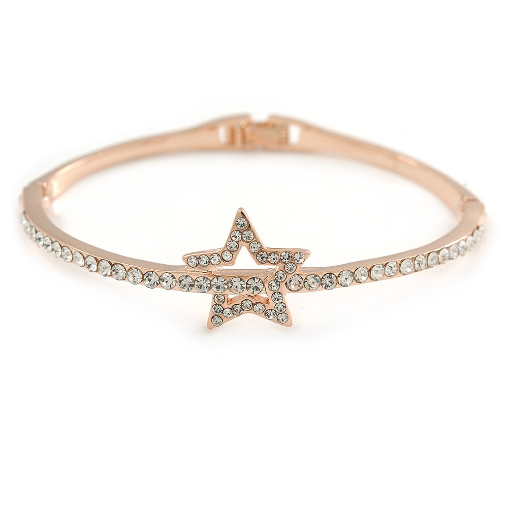 Avalaya Delicate Crystal Star Bangle Bracelet/Rose Gold Tone Metal/Size M