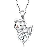 FLYOW Pig Necklace 925 Sterling Silver Cute Animal Necklace with Heart Blue CZ Piggy Pendant for Women Friend Pig Lovers Birthday Graduation Valentine's Day Anniversary Christmas Jewelry White/Blue