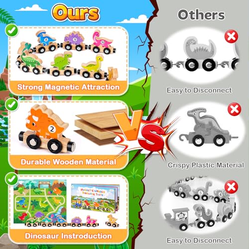 Toddler Dinosaur Toys for 1 2 3 Year Old Boys, Dinosaur Train Toys for Boys | Montessori Toys for 1-3 Year Old, Wooden Magnetic Dinosaur Train Set for Boys age 2 3 4, First Birthday Gifts for Boys Girls