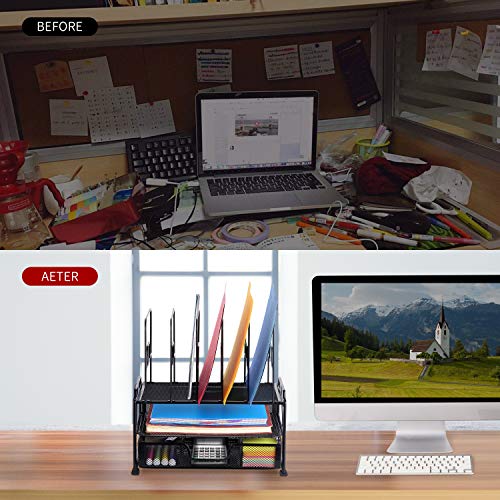 Simple Trending 2-Tray Mesh Desk File Organizer with Drawer Organizer and 6 Removable File Sorter, Office Document Letter Tray Folder Holder for Desk Organizers and Accessories, Black