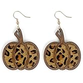 Zhang shine Thanksgiving Fall Pumpkin Leopard Print Acrylic Wooden Dangle Drop Earrings Handmade Lightweight Fall Glitter Pumpkin Earrings Autumn Jewelry for Women