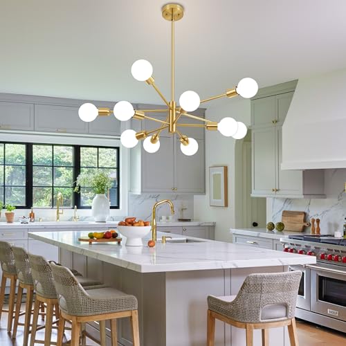 Deyidn - Lámpara de araña moderna dorada de mediados de siglo, 10 luces E26 para sala de estar, cocina, dormitorio, comedor y granja
