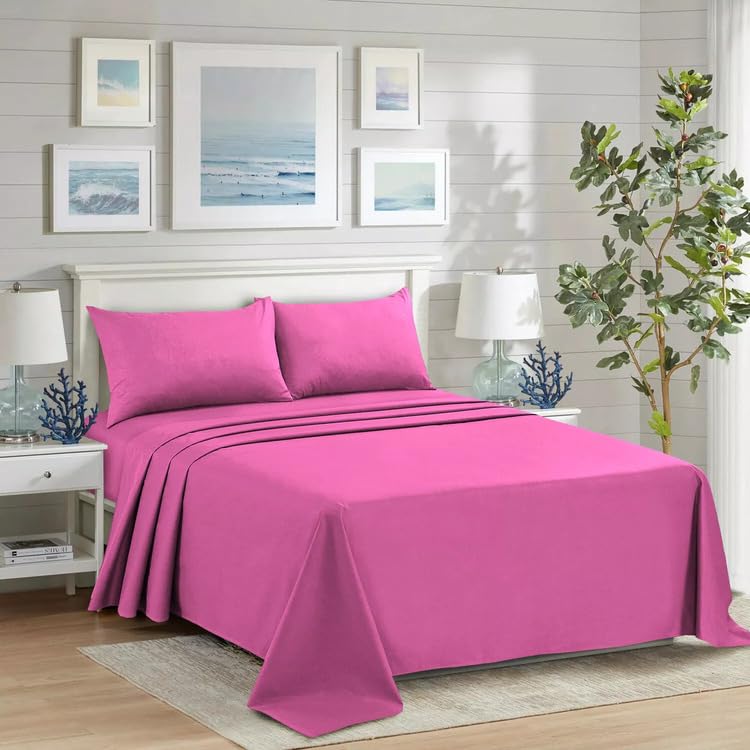 ZIMEL HOMES Non Iron Soft Poly-Cotton Plain Dyed Flat Bed Sheet Single, Double, King Available in 20 Modern Colors (Fuchsia Pink, Double) — image 1