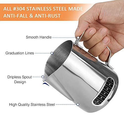 Milk Frothing Pitcher Stainless Steel Espresso Steaming Pitcher 20 oz with Thermometer Coffee Milk Frothing Cup, Perfect for Espresso Machines, Milk Frothers, Latte Art