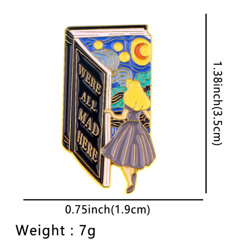 Pinsphere We're All Mad Here Enamel Pin - Alice in Wonderland Starry Night Book Design, 1.38x0.75 Inch Hard Enamel Badge