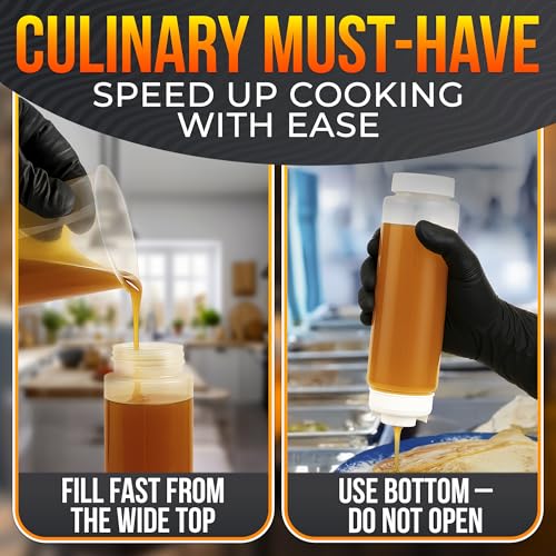 Set of 6 Inverted Condiment Squeeze Bottles 16 oz – Upgraded Design with Added Sealing Gaskets, Self-Closing Valve, Easy-to-Fill Clear Bottles for Sauces, Dressings, Ketchup, Mustard for Everyday Use