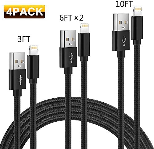 Basse Lightning Cable, 4 Pack iPhone Cable (3FT 6FT 6FT 10FT) Nylon Braided Cord Charging Charger Cable for iPhone X/8 Plus/8/7 Plus/7/6 Plus/6/6s Plus/6s/5/5c/5s/iPad/iPod and More (Black)