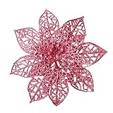 Turelifes Pack of 12 Glitter Artificial Poinsettia Flowers Christmas Tree Ornaments 5.9’’(15cm) Diameter (Pink)