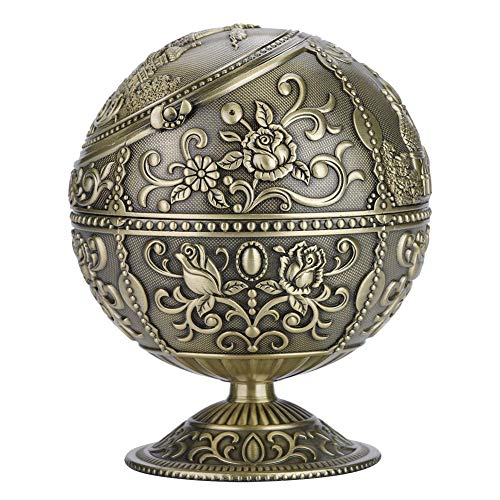 Vintage Ashtray with Lids, Windproof Cigarette Ashtray for Indoor or Outdoor Use Round Ball Stamped Pattern Gift Decoration (Antique Brass)