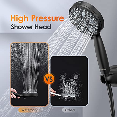Shower Head Combo-WaterSong 14 settings 7'' Rain Showerhead+5'' Handheld Shower Spray with Build in Power Wash, 6.5ft Hose/Adjustable Mount for Bath Massage Spa, 3-Way Diverter, Matte Black
