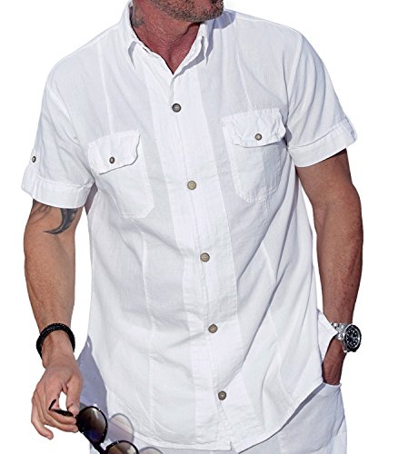M&B USA Cotton White Short-Sleeve Button Down Casual Shirt Two Pocket Shirt (1X-Large, White)