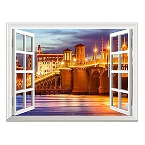 Removable Wall Sticker/Wall Mural - St. Augustine, Florida, USA City Skyline and Bridge of Lions. | Creative Window View Home Decor/Wall Decor - 24"x32"