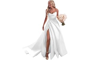 GUKARLEED Women's Off The Shoulder Wedding Dresses for Bride Satin Prom Dress with Trains Strapless Slit Formal Evening Gown