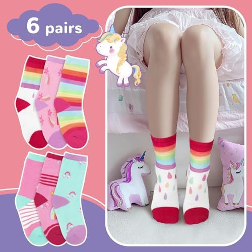 Schulkind Socken Mädchen Kinder Regenbögen Sterne Wolken Lustige Bunte Muster Neuheit Crew Socken 6 Paar Geschenke 5-8 Jahre Größe 28-31 Atmungsaktiv Weich
