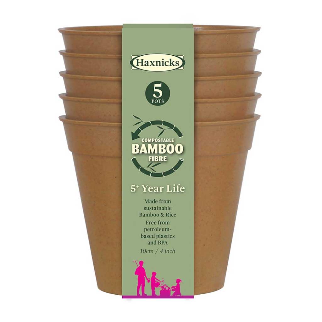 Haxnicks 5x Indoor & Outdoor Sustainable Bamboo Fibre Plant Pots | 4 Inch Diameter | Pack of 5 | Terracotta | Pot180201