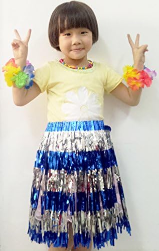 Pparty Hawaiian Metallic Hula Skirts for Girls Kids (Blue 3pcs)