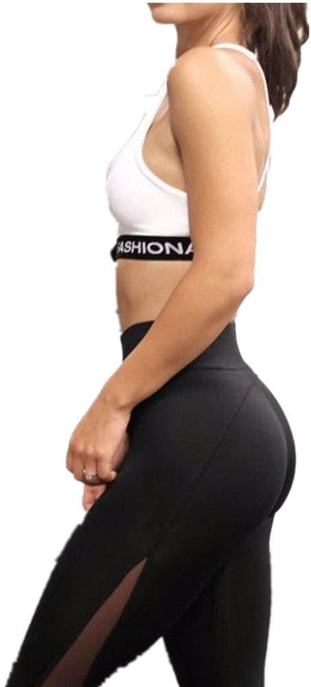 Lookatool Women Fitness Leggings High Waist Mesh Patchwork Skinny Push Up Pants (M, Black)