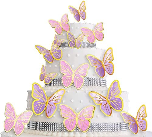 Purple & Gold Butterfly Cake Topper Set - 1 Acrylic 'Happy Birthday' Sign & 15 3D Butterflies For Cupcakes