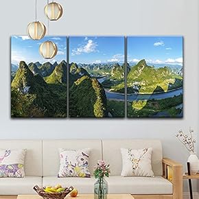 3 Panel Canvas Wall Art - Bird View Landscape of Mountains,Rivers and Village - Giclee Print Gallery Wrap Modern Home Art Ready to Hang - 16"x24" x 3 Panels