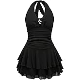 Milumia Women's Punk Tie Backless Halter Dress Y2k Ruched Layered Ruffle Hem Mini Dresses