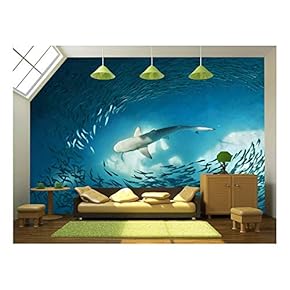 Shark and Small Fishes in Ocean - Nature Background - Removable Wall Mural | Self-Adhesive Large Wallpaper - 66x96 inches