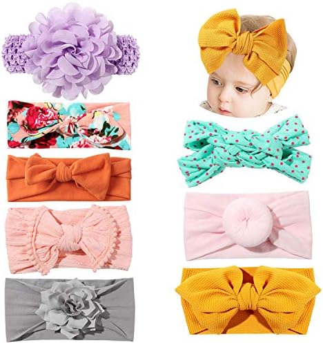 Bascolor Baby Girls Headbands Elastic Soft Bow Knot Turban Hairbands for Kids Toddler Newborn Infant Hair Accessories (Mix-8pcs)