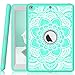 iPad 5th/6th Generation Case, Hocase Heavy Duty Shock Absorbent Rubber+Hard Plastic Dual Layer Protective Case w/Mandala Floral Print and Kickstand for iPad 9.7 2018/2017 - Mint Green/Gray