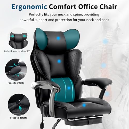 Fizzin PU Executive Office Chair, Big and Tall Ergonomic Office Chair with Footrest, Flip-Up Back Built-in Dynamic Airbag Lumbar Support and Interlocking Armrests (Black)