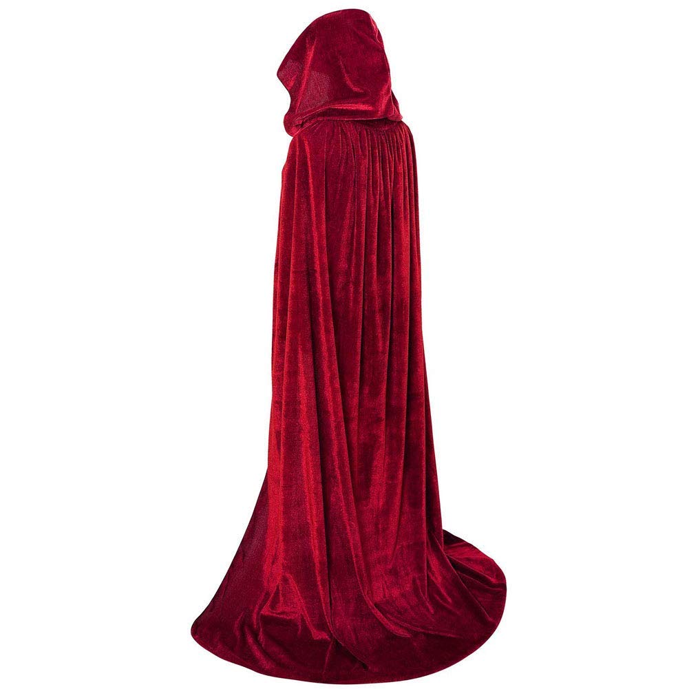 MAKFORT Velvet Hooded Cloak Halloween Cape Cosplay Costume for Witch Wizard Magician Christmas Fancy Role Play Dress Adult Burgundy 170 CM