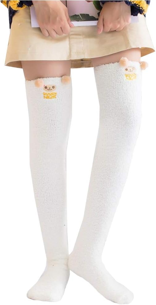 HotmissWomens Thigh High Fuzzy Socks Cute Over the Knee Stockings Winter Warm Stripe Leg Warmers