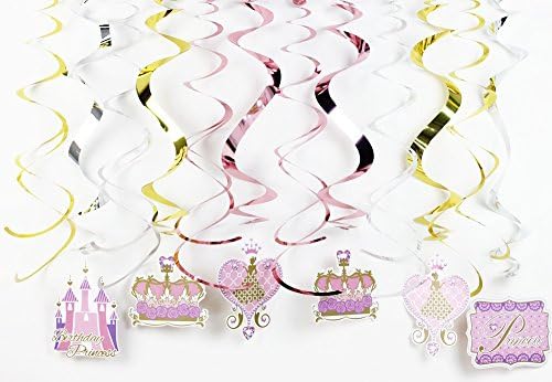 Princess Theme 1 One Birthday Baby Shower Swirl Party Decoration DIY Kit Supplies (12 Piece) 6 Foil Swirls and 6 Swirls with Cutouts Baby Girl First or Baby Shower Festivities (Pink Princess)