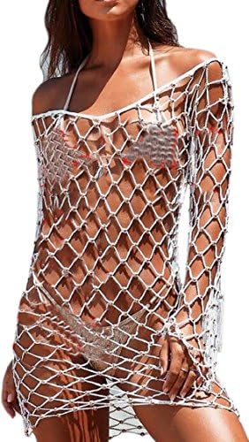 Jaycargogo Women Sexy Crochet Beach Cover up Fishnet Sarong Wrap Bikini Handmade Smock White S